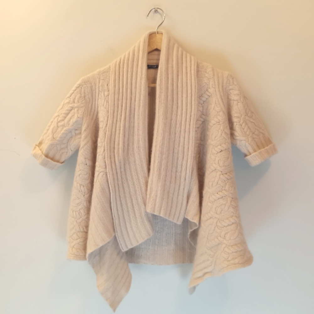Cashmere Magaschoni Short Sleeve Waterfall/Drape Front Cable Sweater